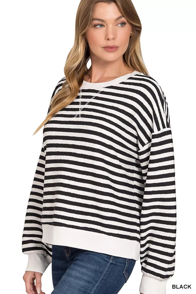 Striped textured knit sweatshirt with dropped shoulders