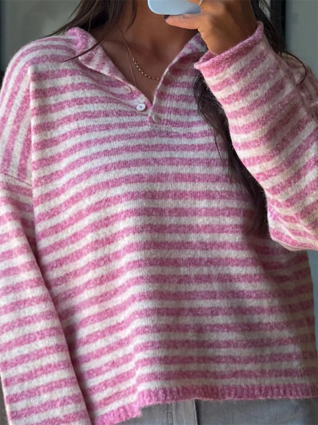 Striped dropped-shoulder collared sweater with button placket