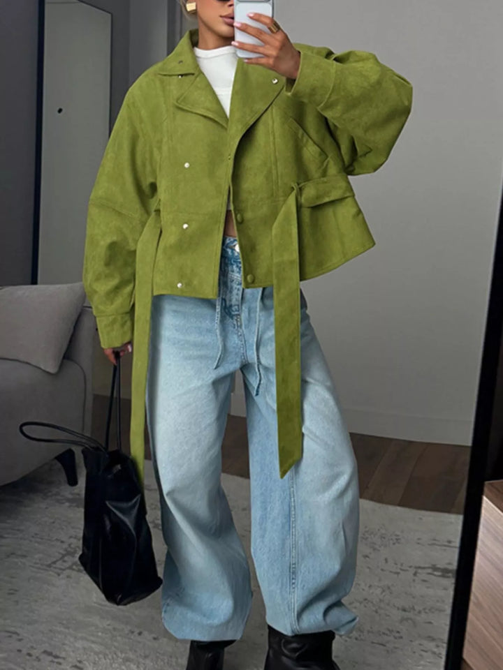 Matcha Green Tie waist cropped jacket with stand collar and snap front