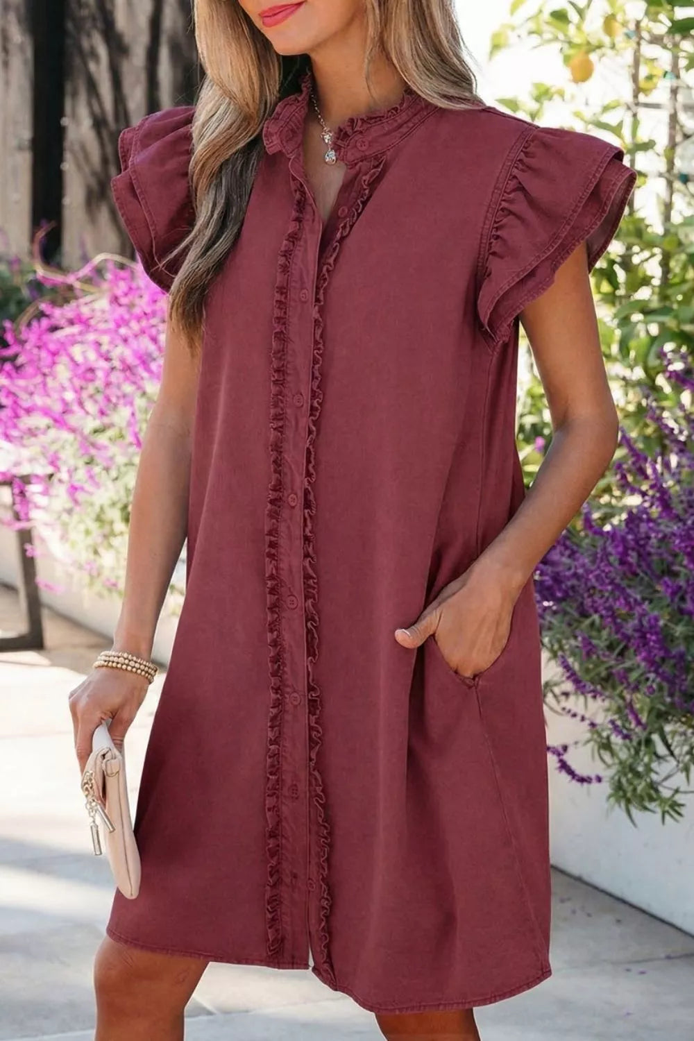 Ruffle placket flutter sleeve denim mini dress