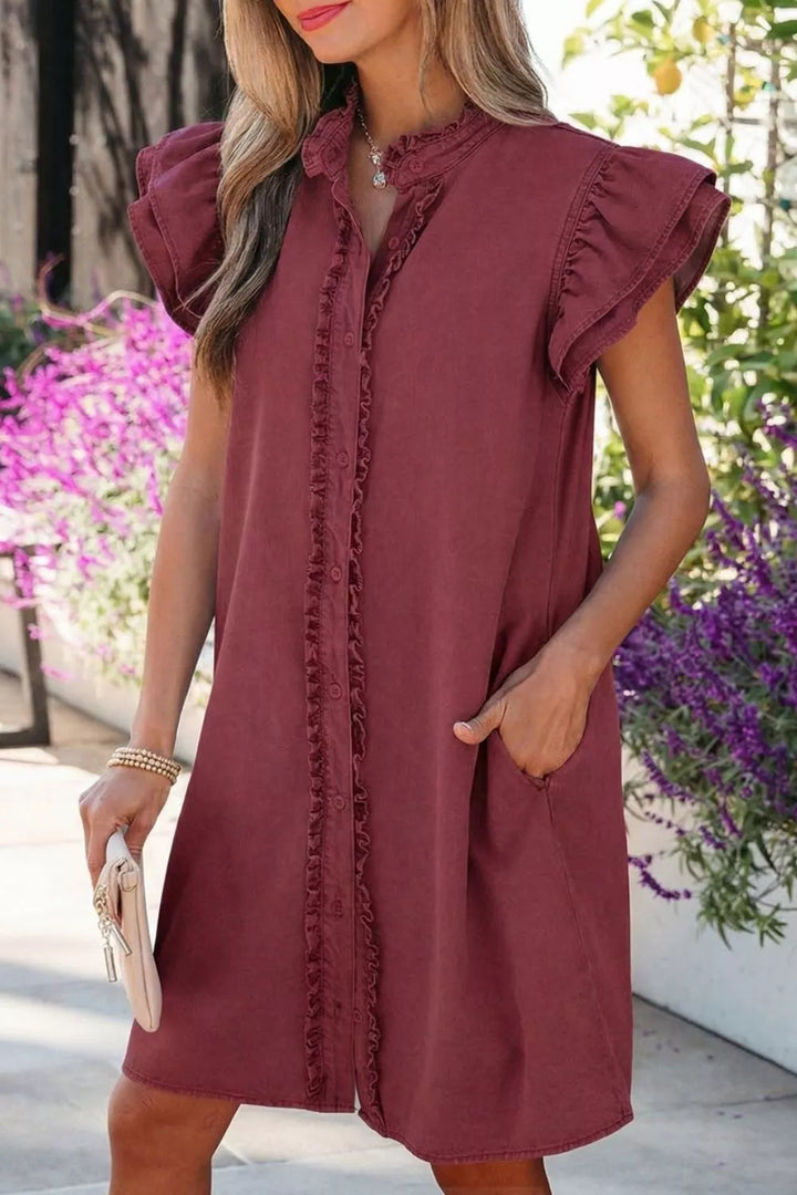 Ruffle placket flutter sleeve denim mini dress