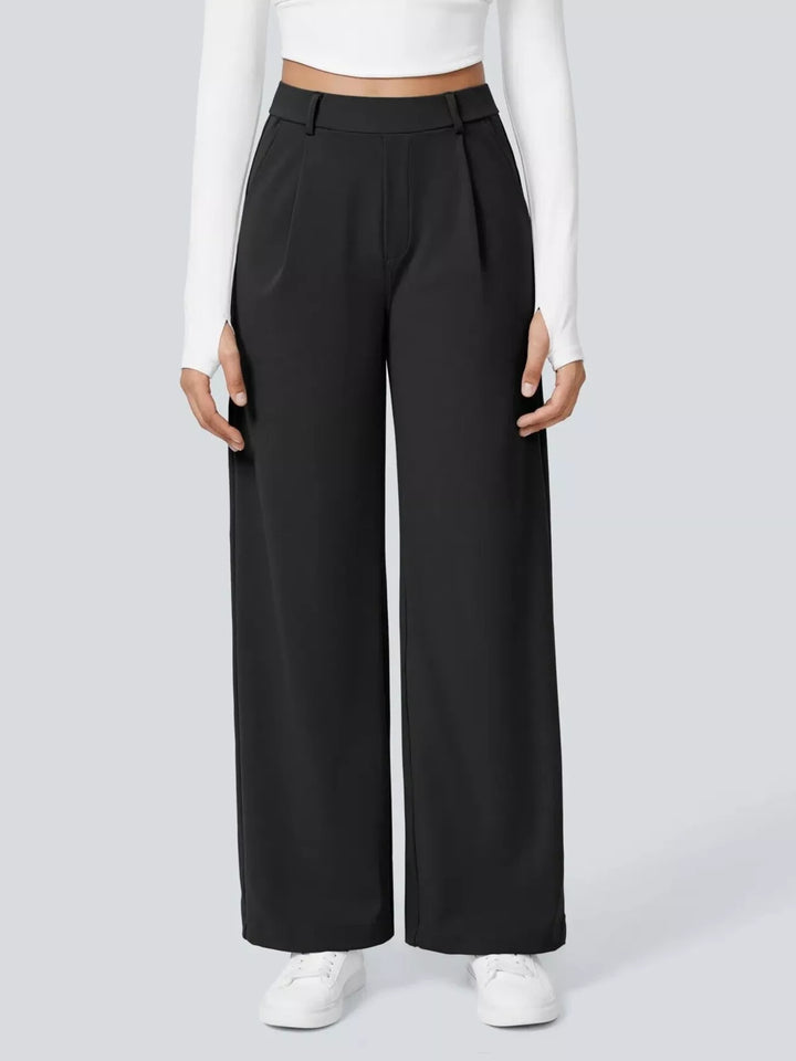 Black Pleated high-rise wide-leg trousers with pockets