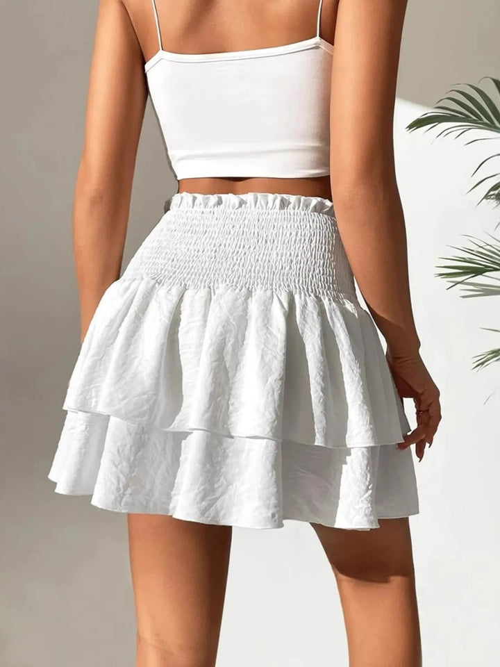 High-waist smocked tiered ruffle mini skirt