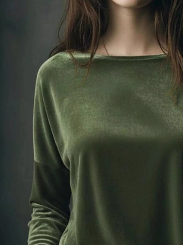 Velvet long sleeve boat neck top with dropped shoulders