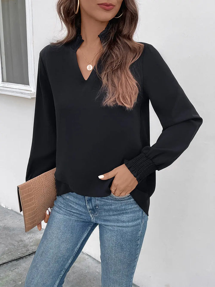 Smocked ruffle-cuff notched neck long sleeve blouse