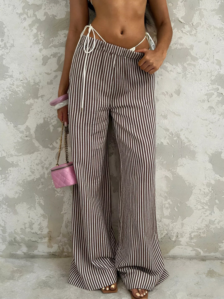 Brown Striped wide-leg pants with drawstring tie waist