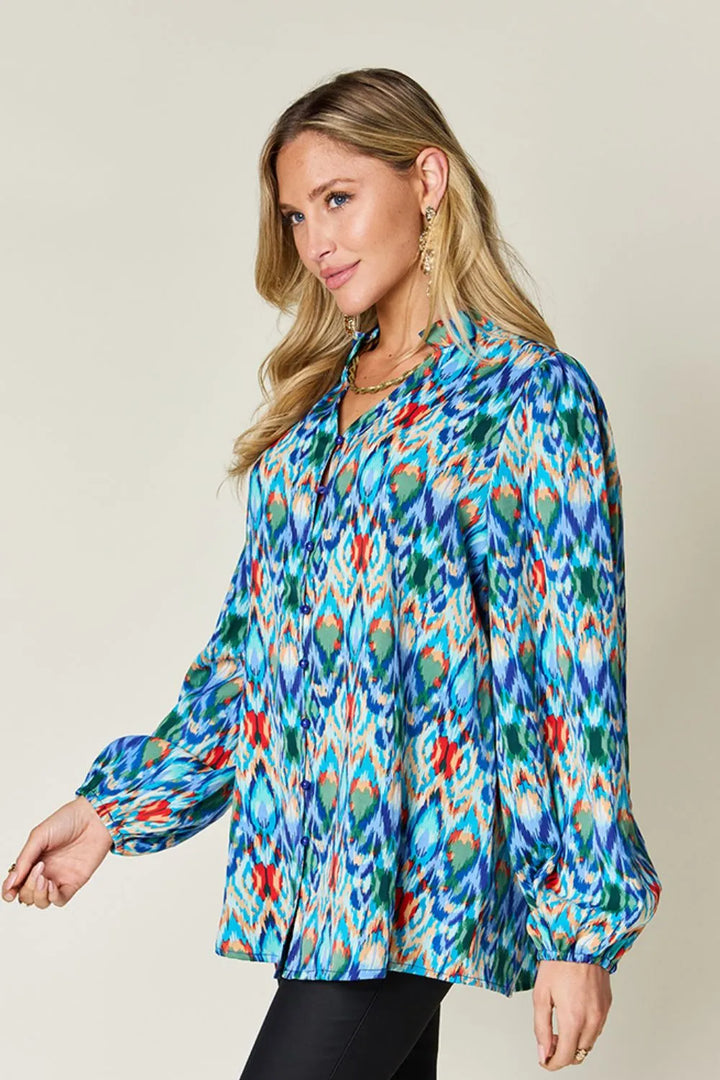 Abstract print balloon-sleeve button-down blouse