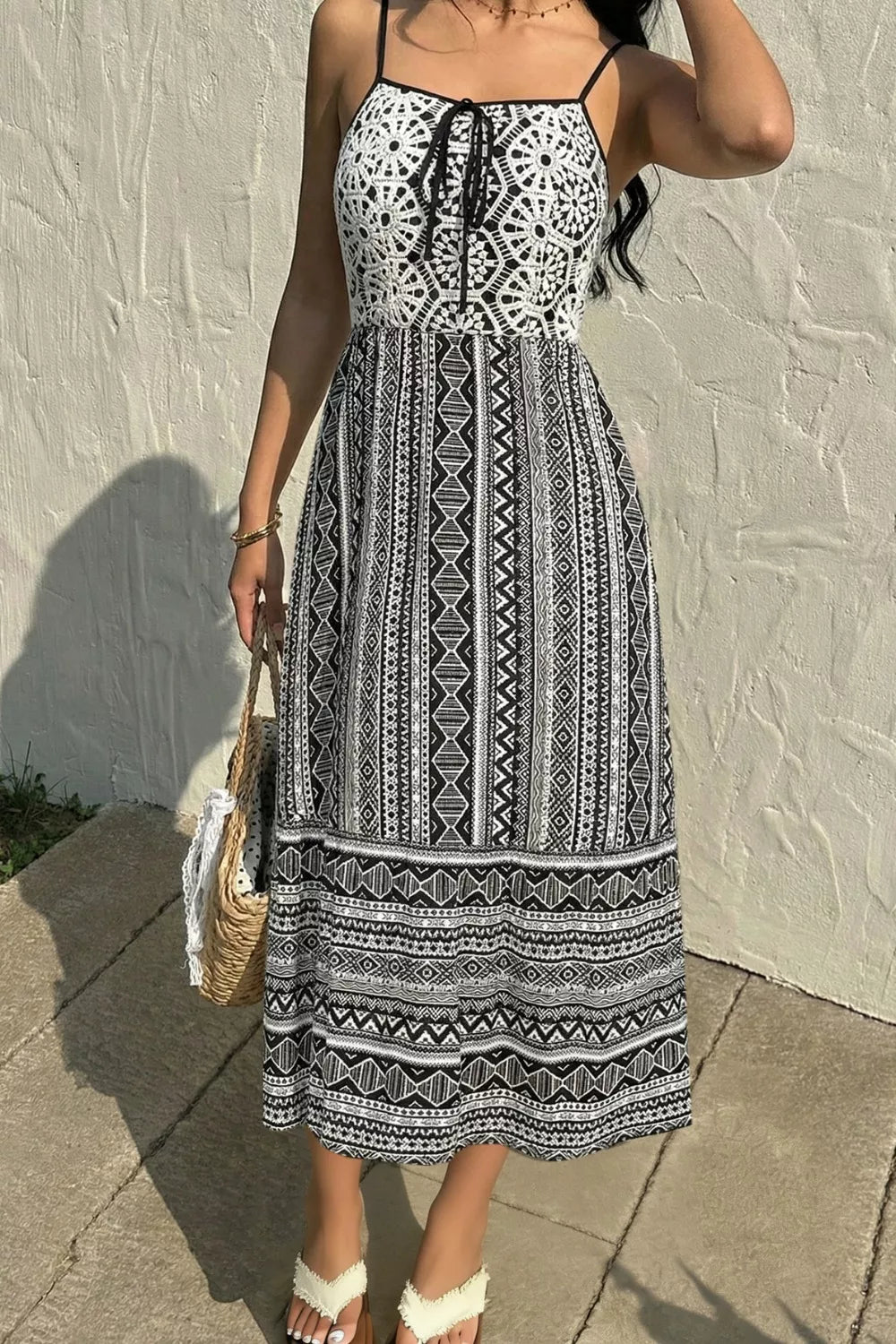 Geometric print tie-front square neck midi dress