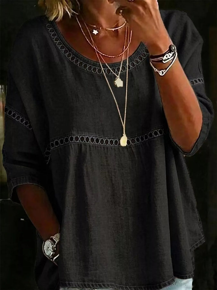 Black Floral print crochet-trim tunic top with 3/4 sleeves