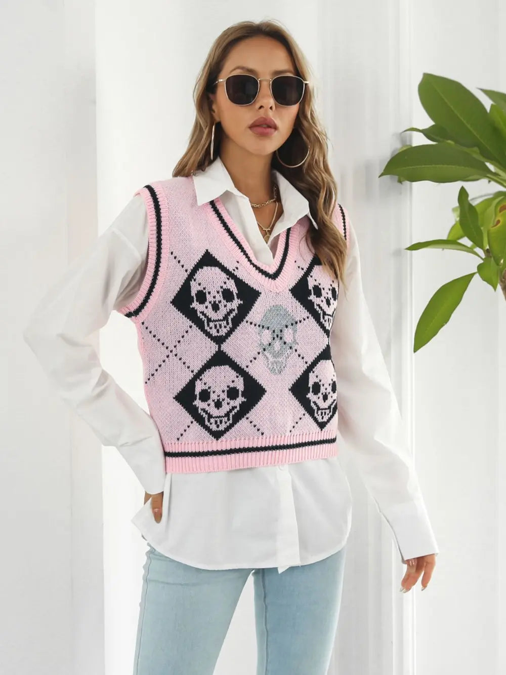 Skull argyle knit sweater vest with striped V-neck