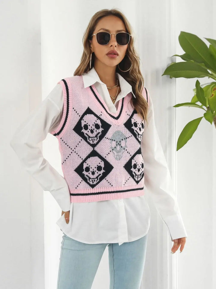 Skull argyle knit sweater vest with striped V-neck