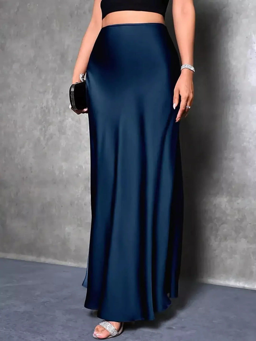 High-waist satin maxi skirt with side slit