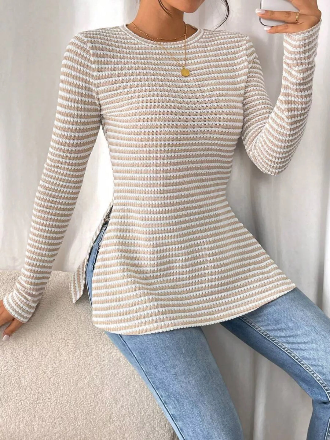 Slit-hem striped textured knit long sleeve top