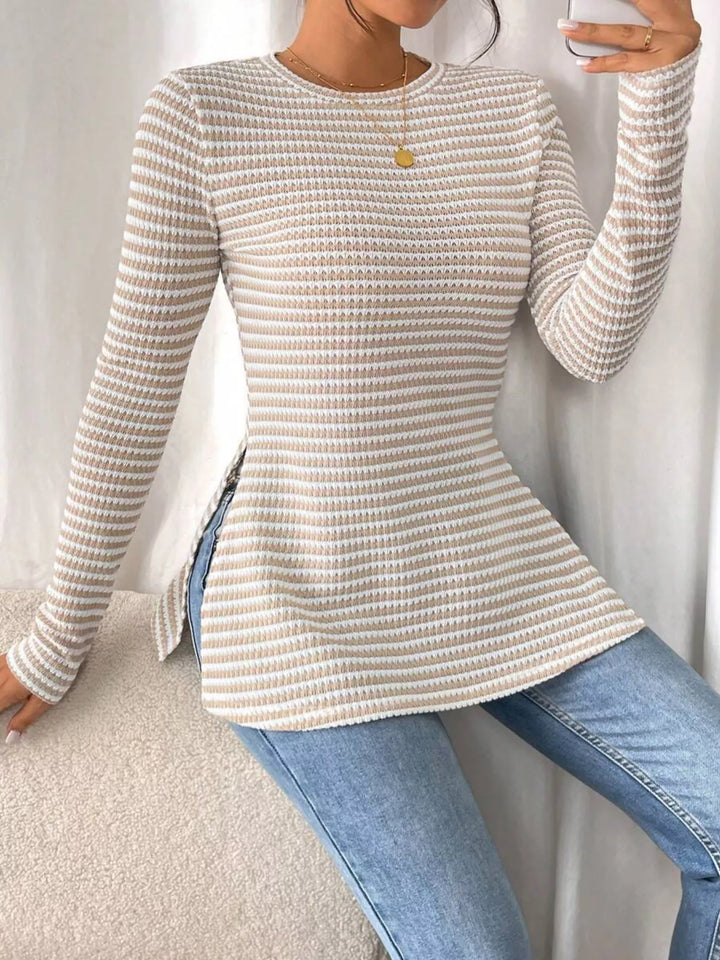 Slit-hem striped textured knit long sleeve top