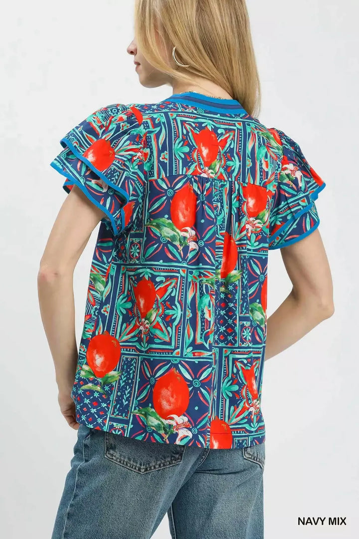 Abstract tile print flutter sleeve blouse with split V-neck