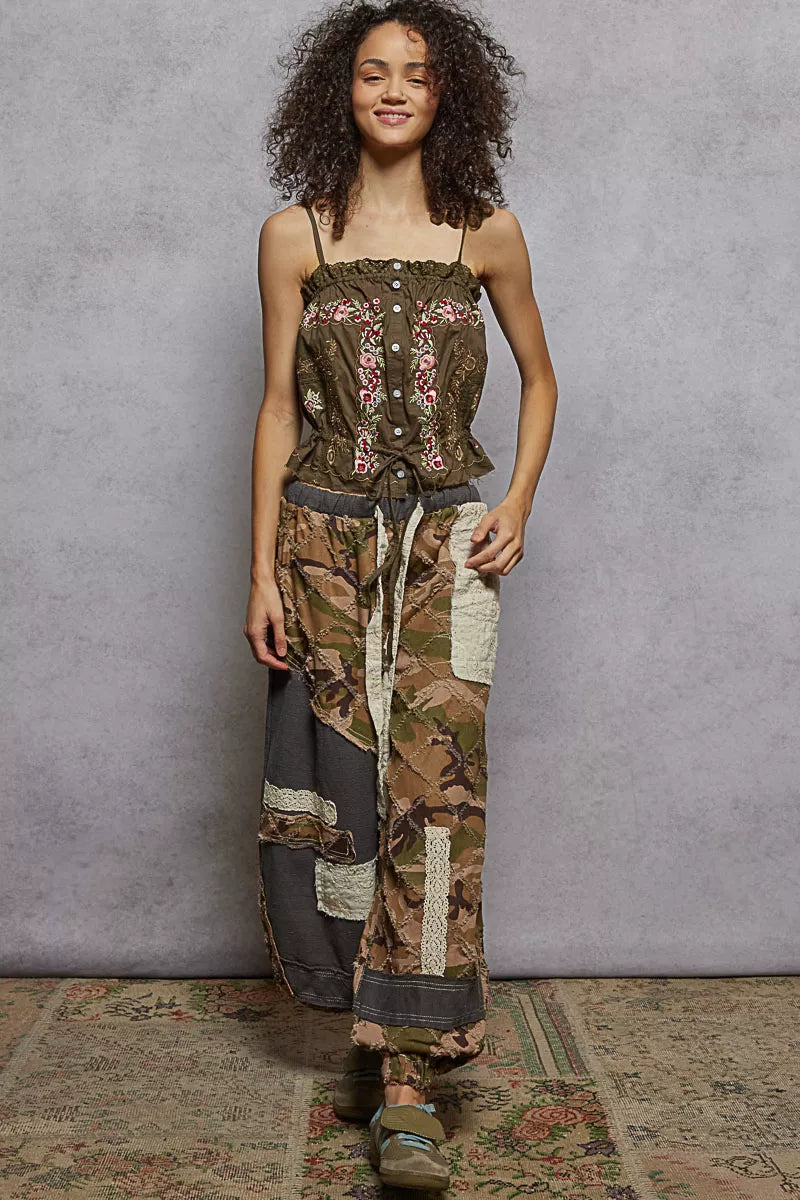 Floral embroidered button-down cropped cami with lace trim