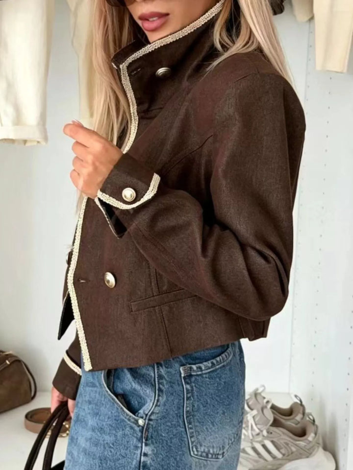 Double-breasted cropped jacket with contrast braid trim