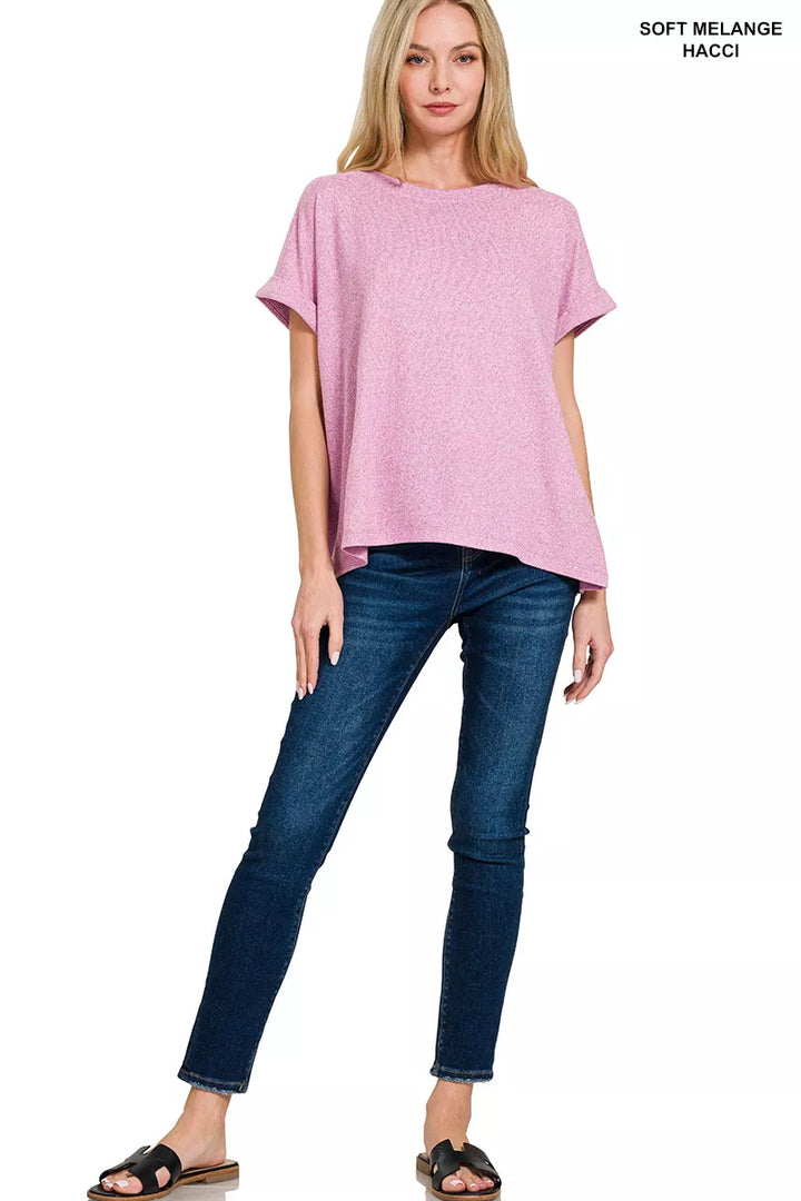Melange hacci knit top with cuffed short sleeves