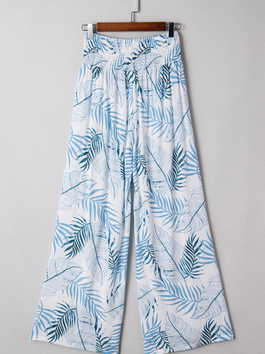 Tropical leaf print shirred-waist wide-leg pants