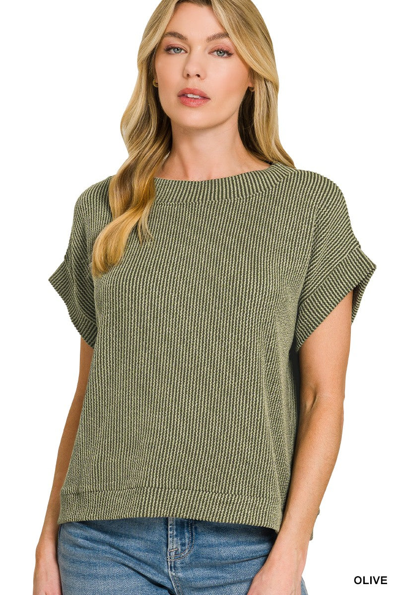 OLIVE Raised rib knit cap sleeve top with rolled cuffs
