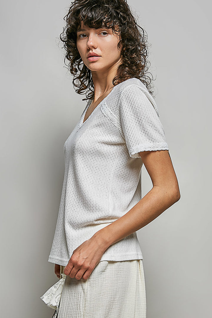 Lace-trim textured knit V-neck short sleeve top