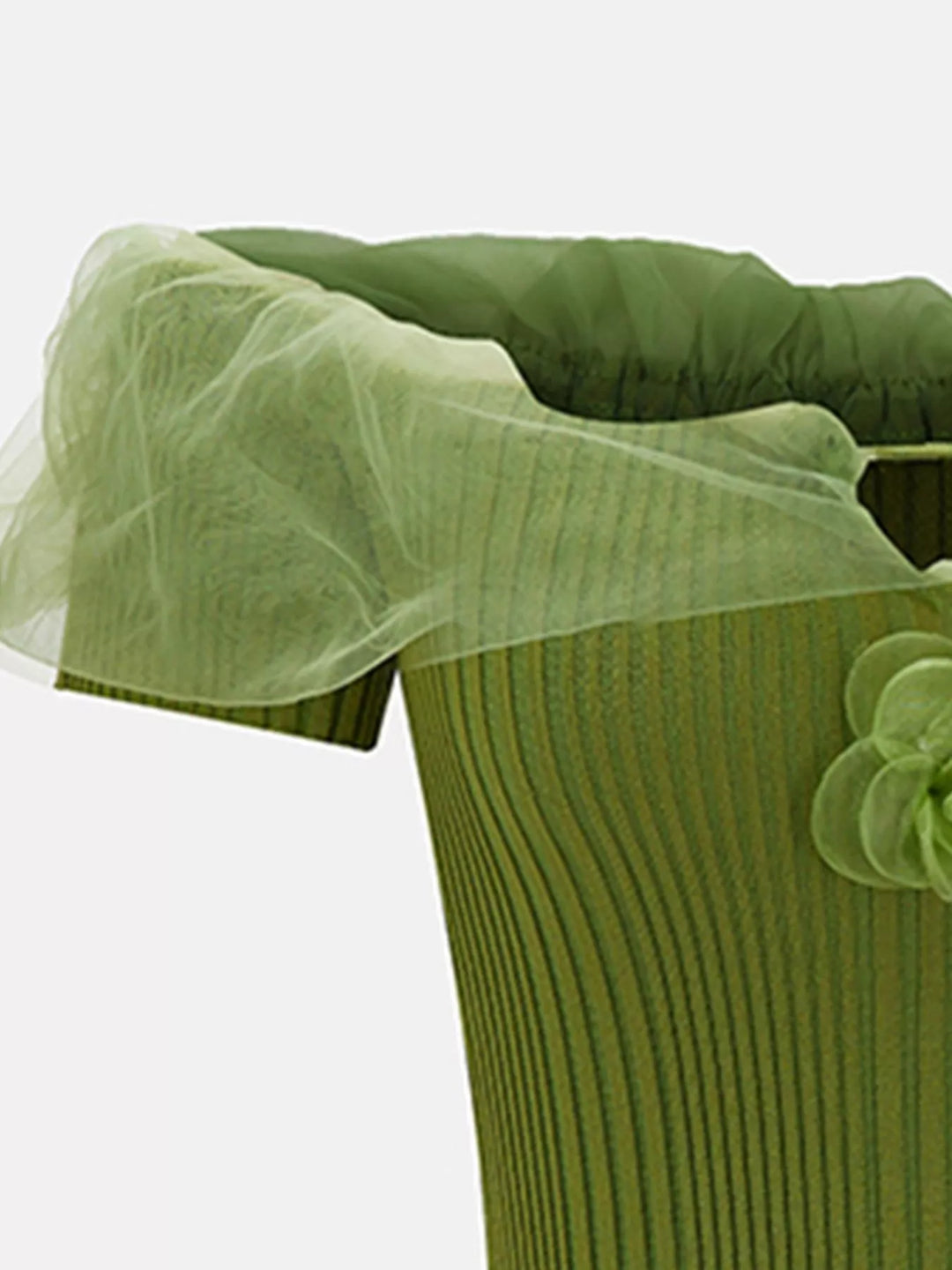 Ribbed off-shoulder crop top with ruffle trim and 3D floral detail