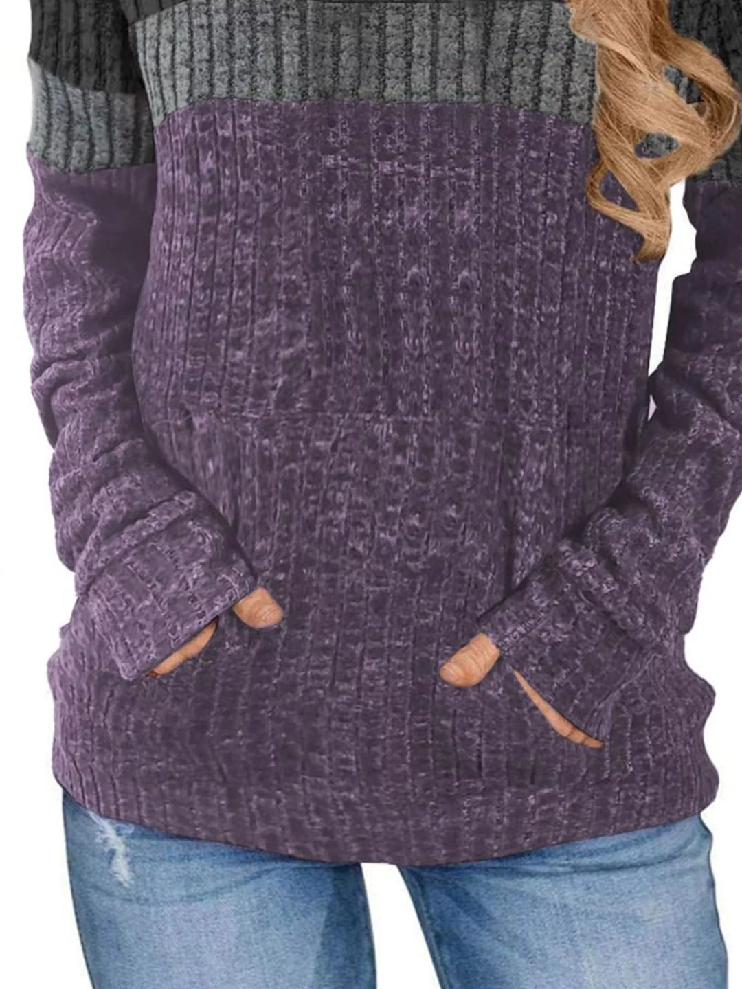 Color block ribbed knit hoodie with kangaroo pocket