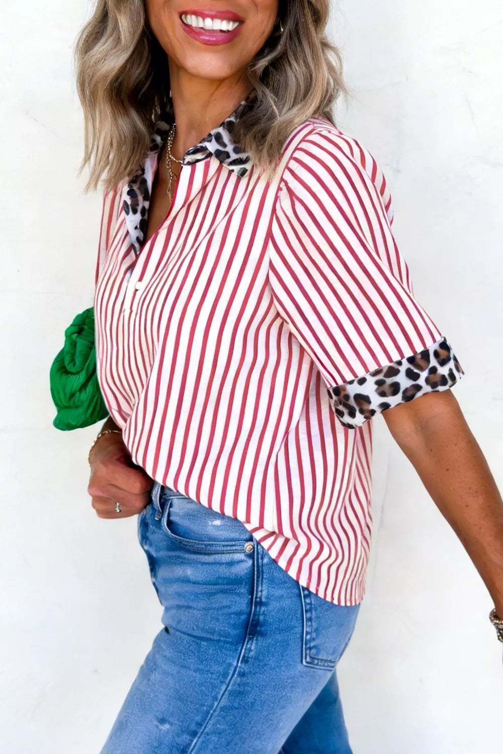Striped button-down shirt with leopard collar and sleeve trim