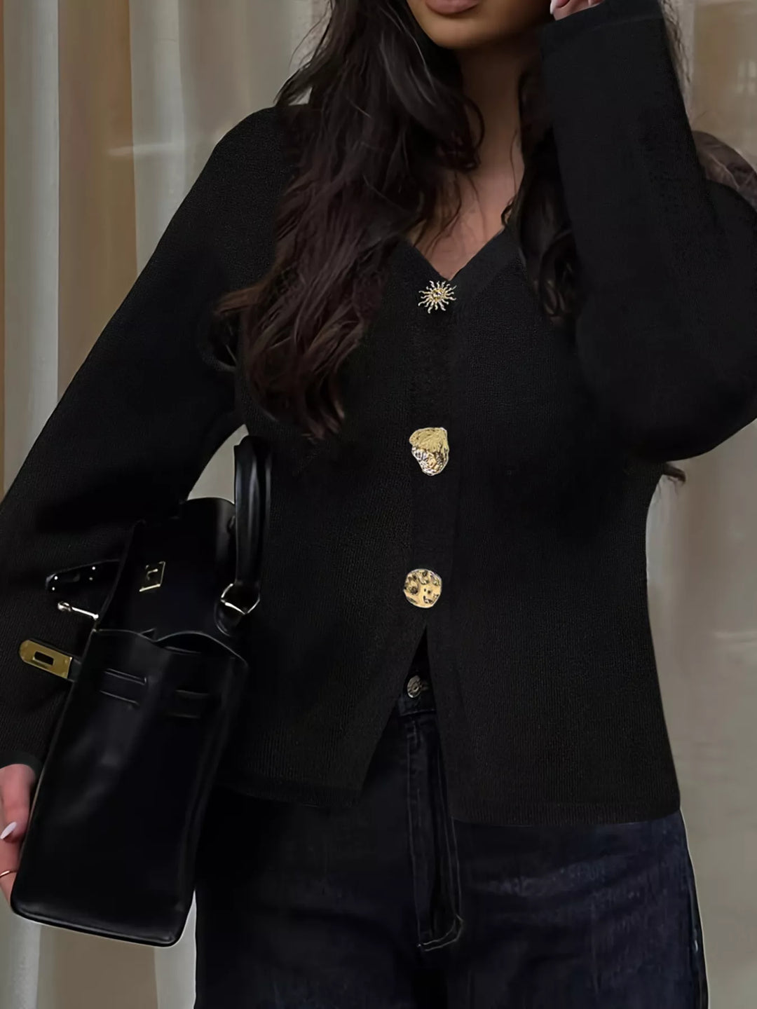 Gold-button V-neck knit cardigan with long sleeves
