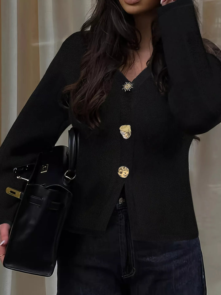 Gold-button V-neck knit cardigan with long sleeves