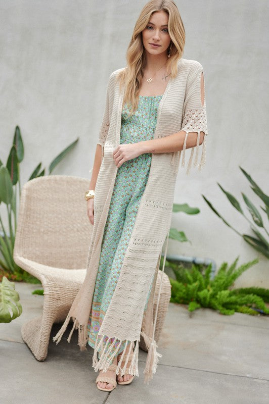 Solid Long Cardigan With Fringe - Azoroh