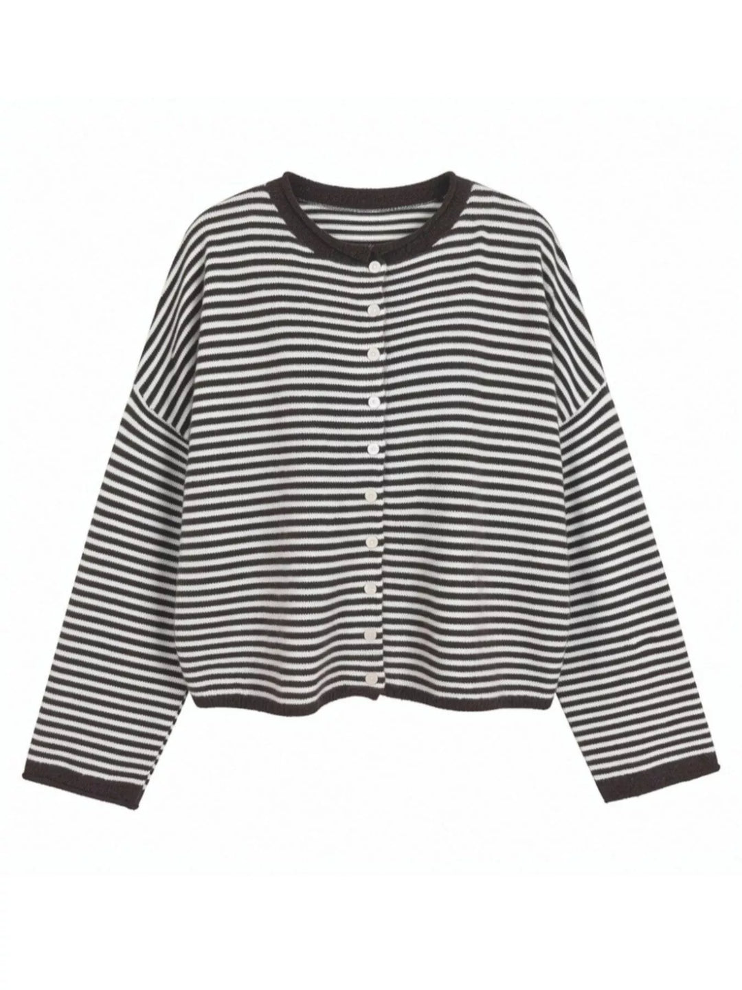 Striped button-front knit cardigan with drop shoulders