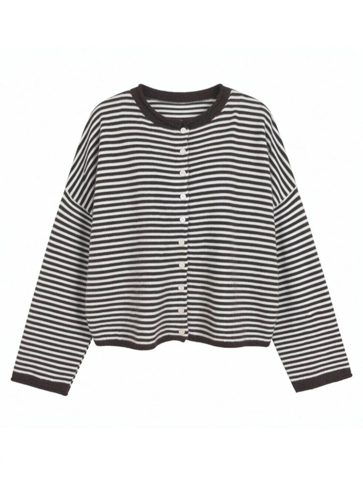 Striped button-front knit cardigan with drop shoulders