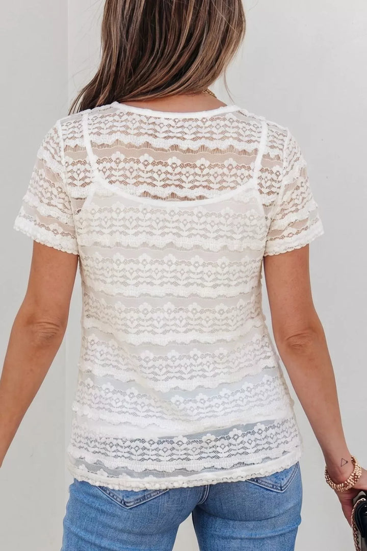 Sheer striped lace short sleeve top with scalloped trim