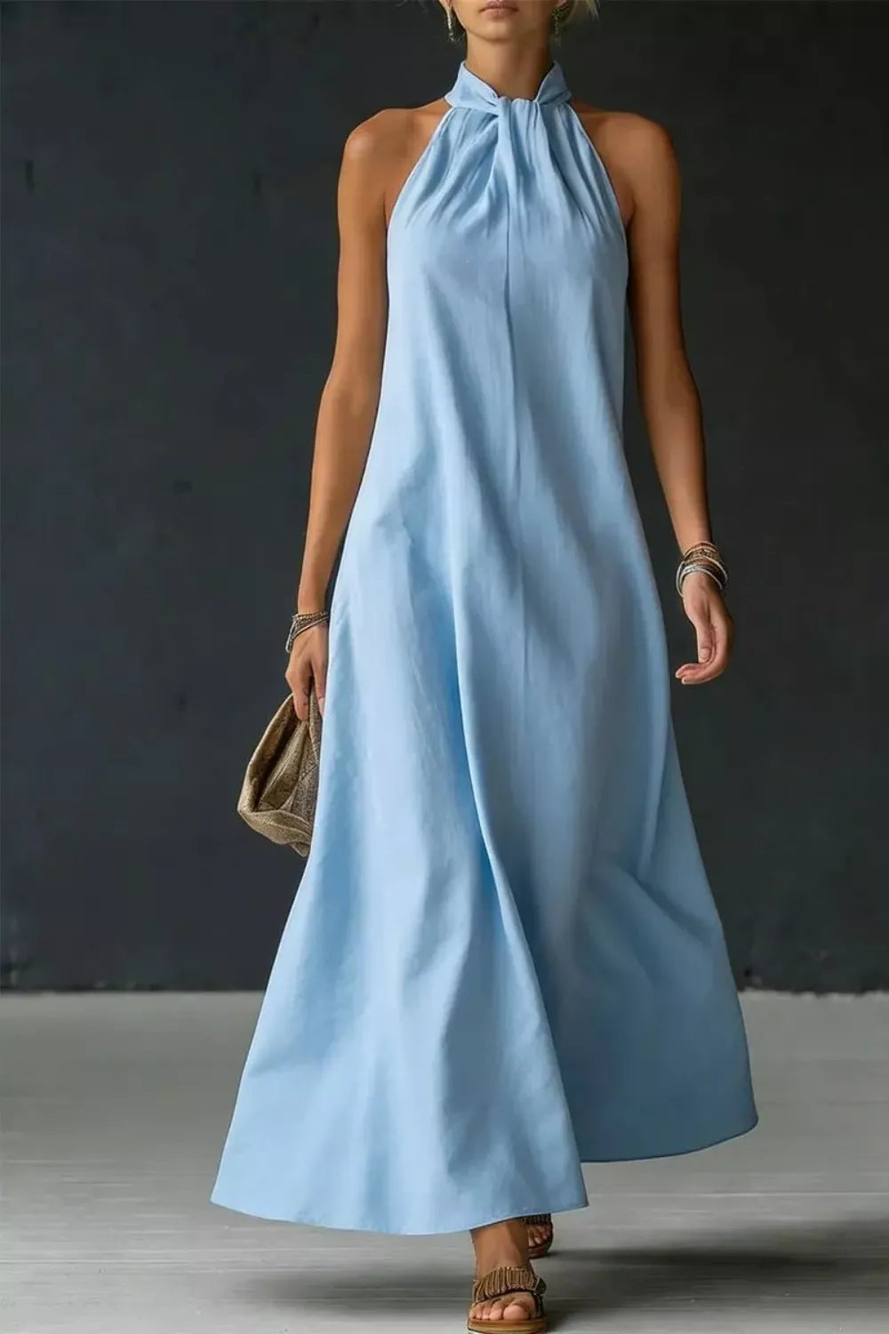 Light Blue Halter neck sleeveless cotton maxi dress with slit