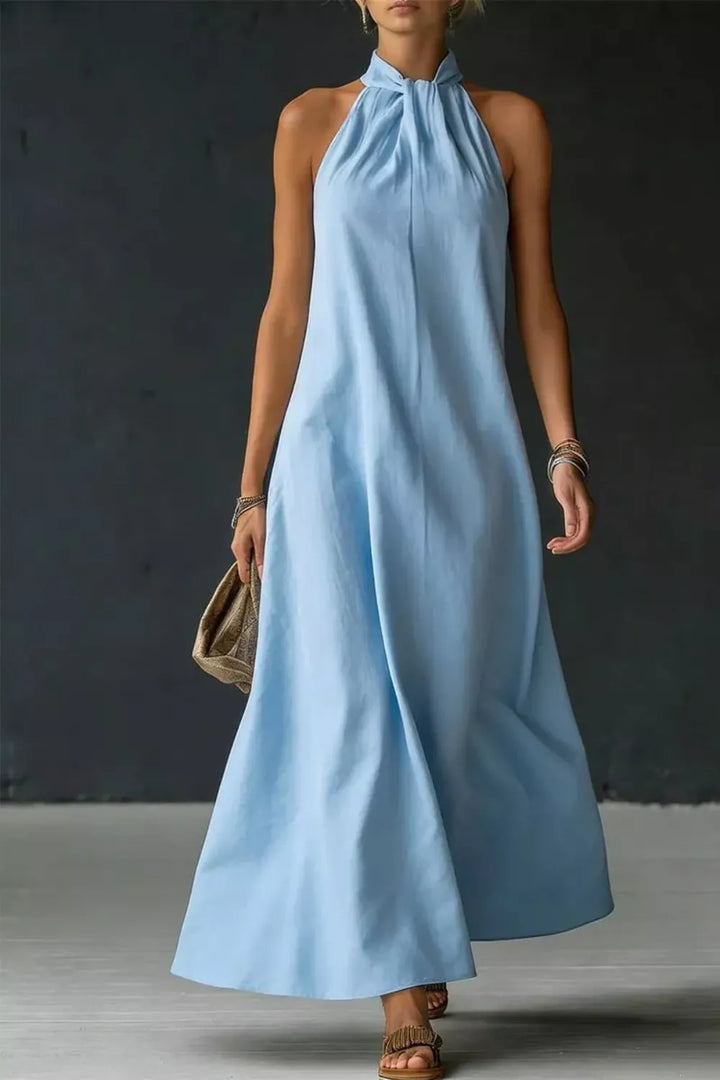 Light Blue Halter neck sleeveless cotton maxi dress with slit