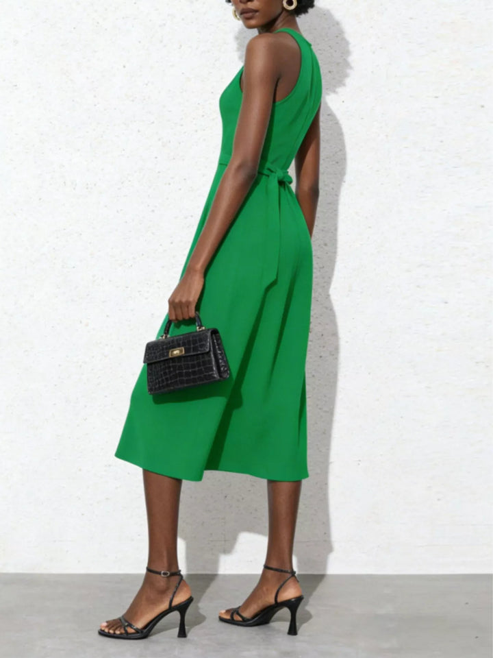 Sleeveless tie-waist midi dress with A-line skirt