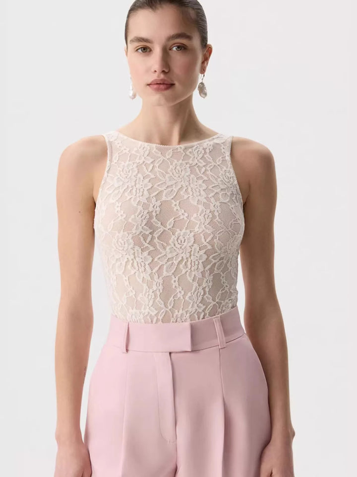 Sheer floral lace round neck long sleeve top
