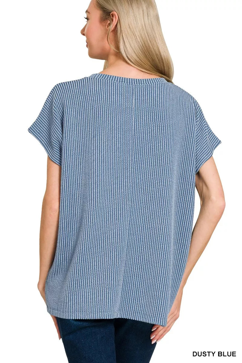 Raised rib knit boxy top with chest pocket