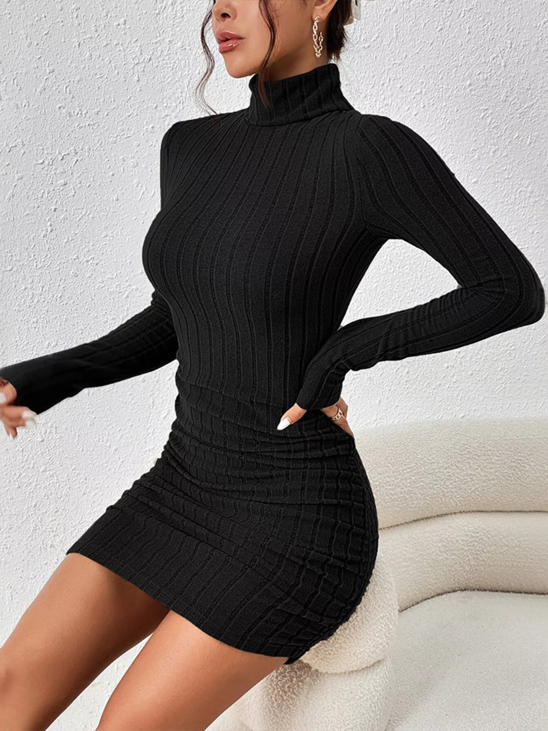 Ribbed knit turtleneck bodycon mini dress with thumbhole sleeves