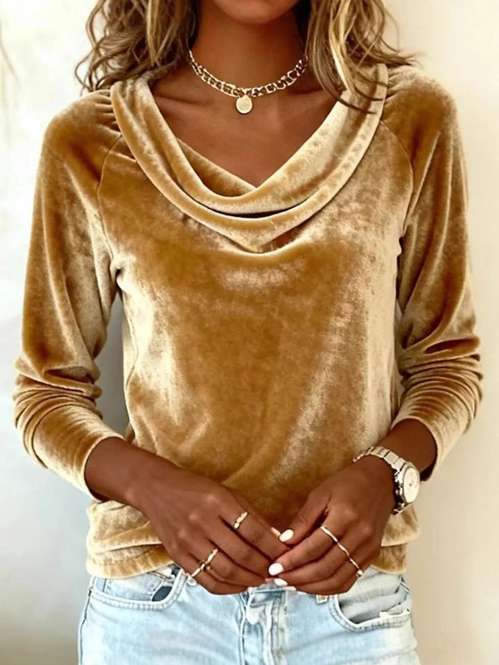 Gold Velvet cowl neck draped long sleeve top