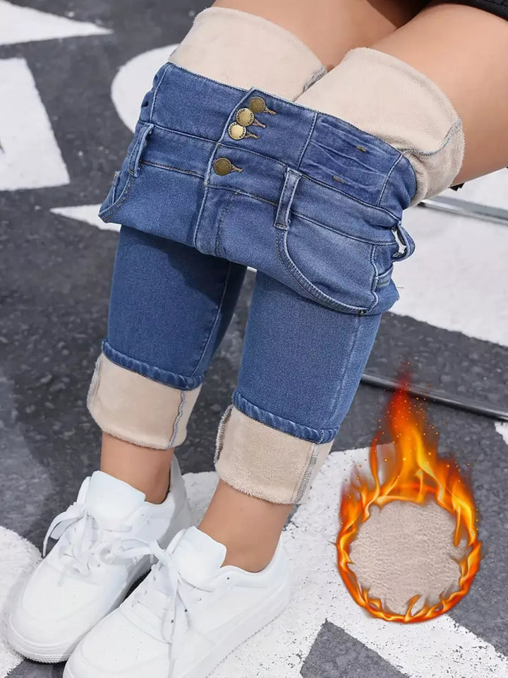High-rise fleece-lined skinny jeans with stacked button waist