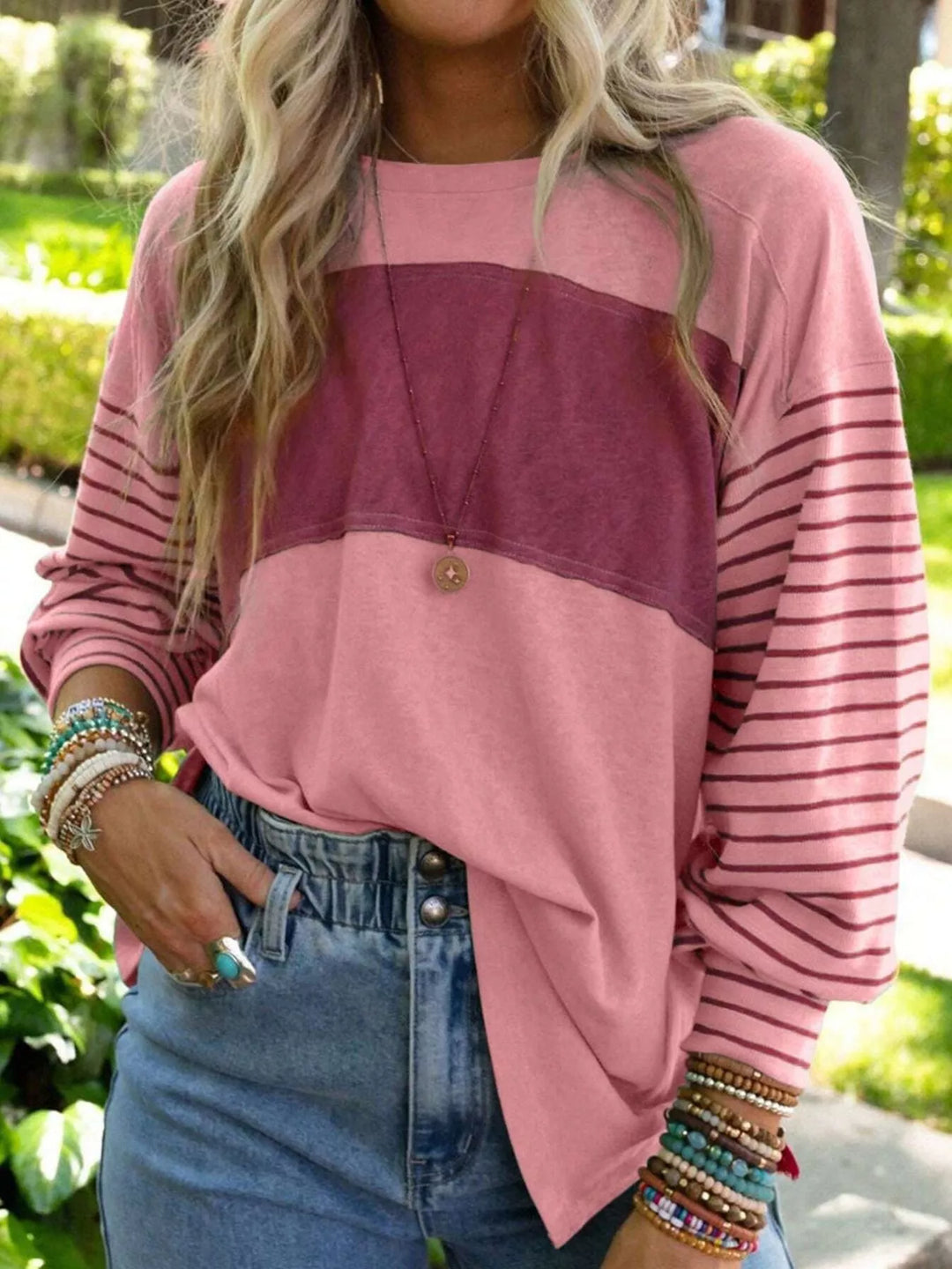 Cerise Color block striped long sleeve crew neck top