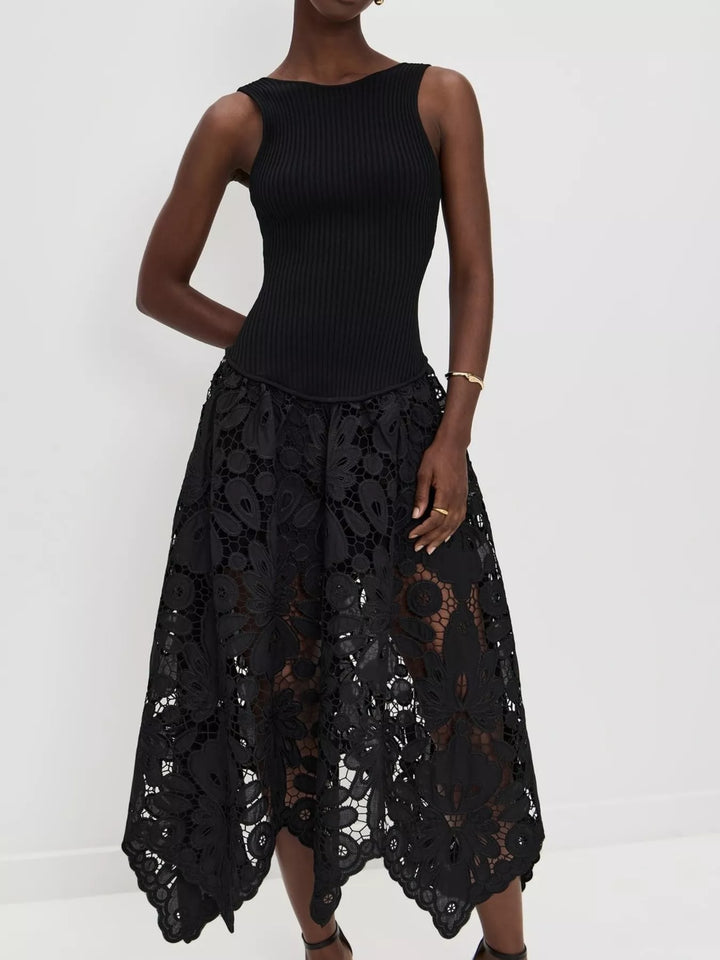 Sleeveless ribbed knit and crochet handkerchief-hem midi dress