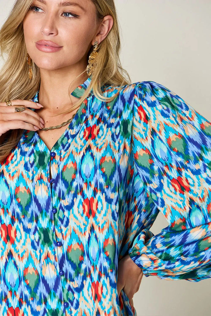 Abstract print balloon-sleeve button-down blouse