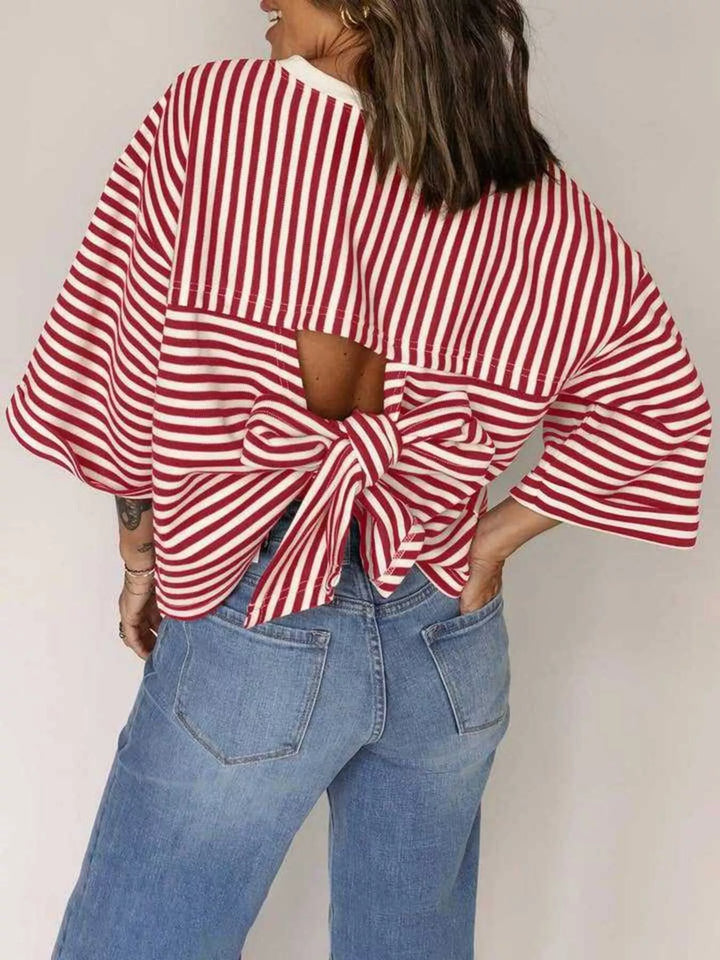 Striped oversized tee with back bow tie and keyhole cutout