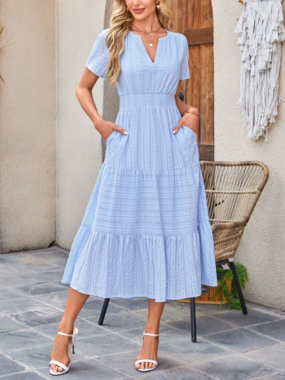 Light Blue Tiered notched neck short sleeve midi dress with pockets
