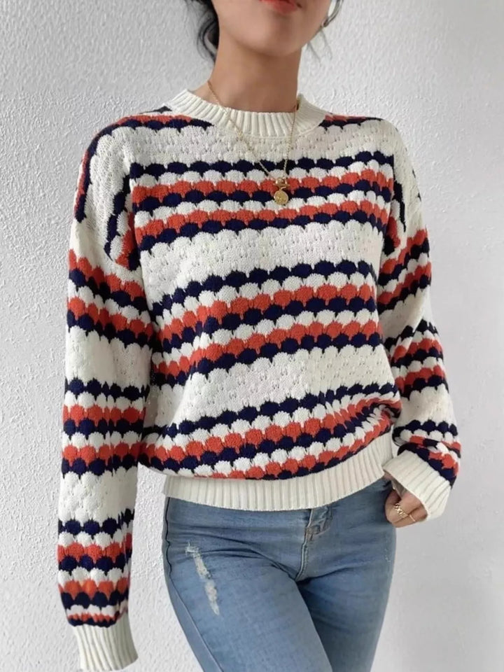 Textured stripe open-knit round neck sweater