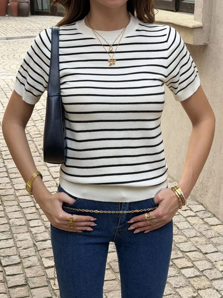 Striped short sleeve knit top with ribbed crew neck
