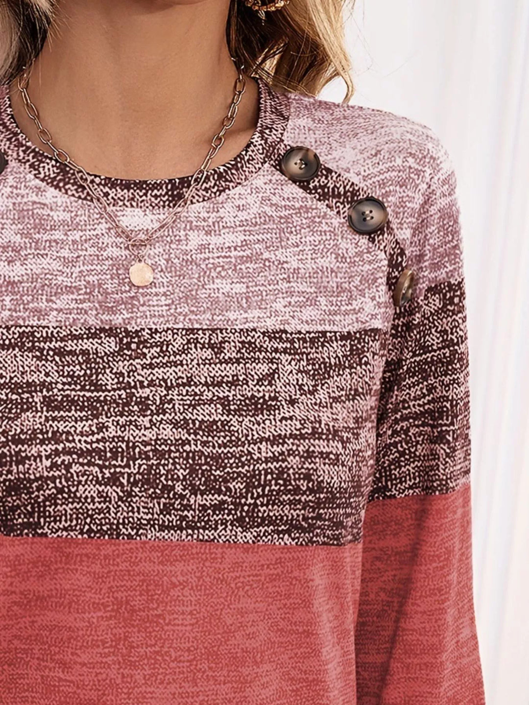 Color block long sleeve top with button shoulders